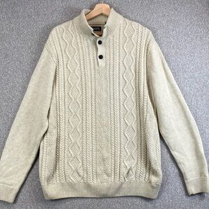 Chaps quarter button cable knit sweater L creamy oatmeal cotton prep fisherman